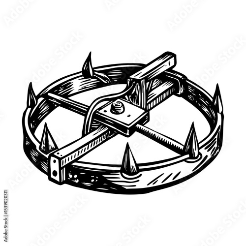 A vintage style illustration showing hunting trap