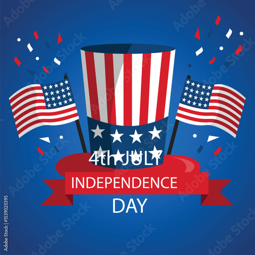 Uncle Sam Hat with American Flag and Confetti – USA Patriotic 4th of July Vector Illustration