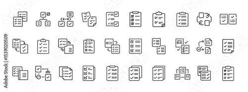Collection of Document, File, and Data Management Line Icons for Digital and Business Use