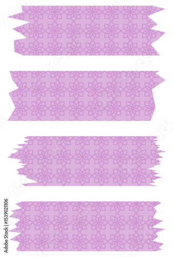 Set of pink washi tapes with pattern isolated on white. Tapes collection in vector. Pieces of decorative tape for scrapbooks. Torn paper. Spring, summer, purple