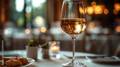 Rose wine glass on restaurant table with appetizers, blurred background