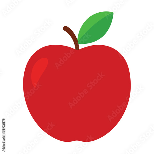 Illustration of a Shiny Red Apple with Brown Stem and Green Leaf