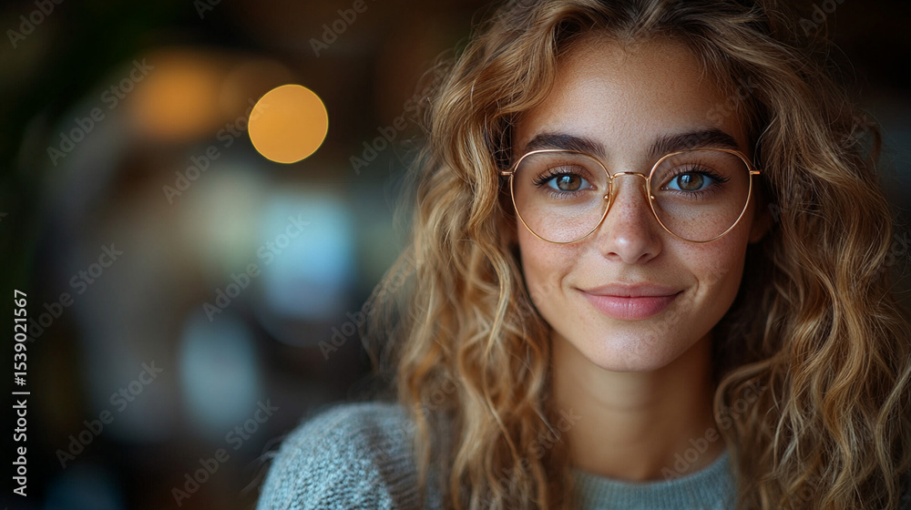 Smiling woman with glasses in cafe, blurred background Smiling woman with glasses in cafe, blurred background