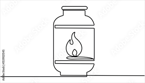 Gas cylinder continuous one line drawing. one line drawing of cylindrical gas tank with fire sign. one line vector illustration. Hand drawn Fire Extinguisher.