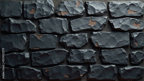 A close-up, top-down view of a dark, irregularly shaped stone wall or paving, with a consistent pattern of roughly hewn, rectangular blocks. The stones are predominantly a deep charcoal grey or black.