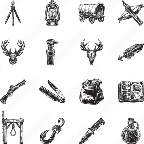 Set of Hunting Tools Vintage Style Illustrations 

