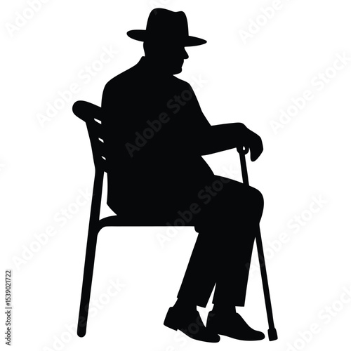 Silhouette of a Man with Hat Sitting on Chair with Cane Posing Elegantly