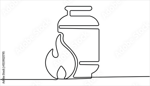 Gas cylinder continuous one line drawing. one line drawing of cylindrical gas tank with fire sign. one line vector illustration. Hand drawn Fire Extinguisher.