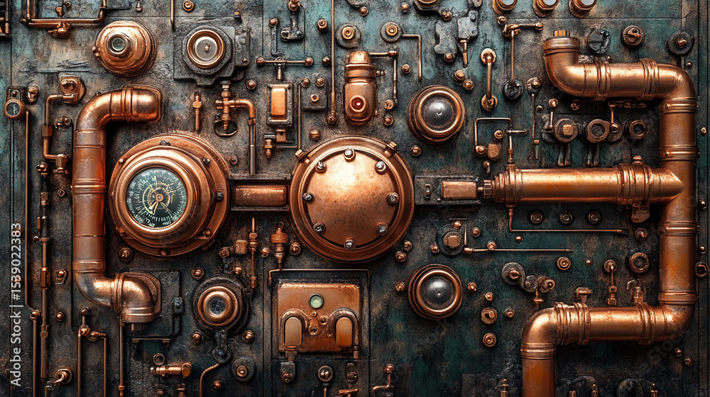 Fototapeta premium Steampunk wall with pipes, gauges, and intricate details, industrial backdrop
