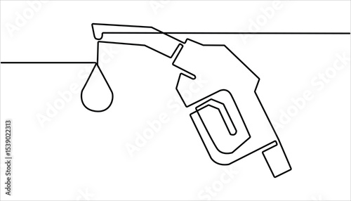Fuel pump nozzle drop continuous one line drawing. Hose nozzle with leaf icon symbol of eco bio diesel biofuel continuous one line drawing, Bio diesel biofuel car leaf drop nozzle hose symbol.


