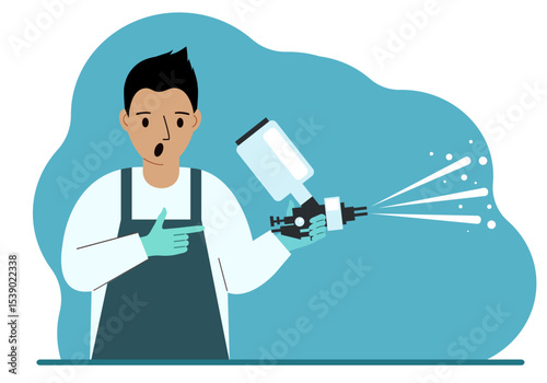 A man in a special suit holds a paint spray gun. Vector flat illustration