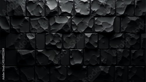 A dramatic,close-up shot of a textured black brick or stone wall,with strong,uneven lighting highlighting its rough,three-dimensional surface.The deep shadows and bright facets create a sense of depth