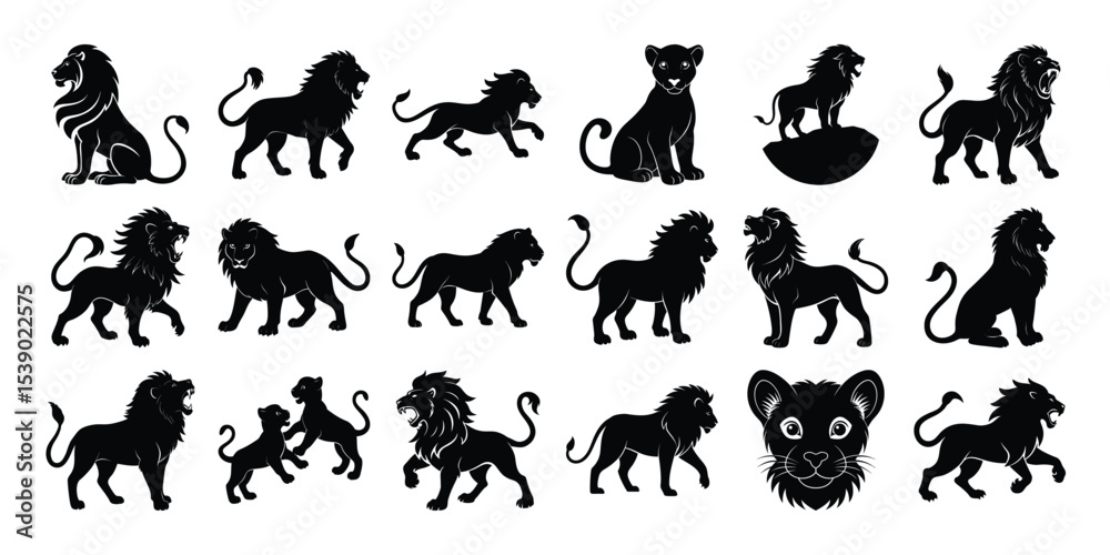 Fototapeta premium Big Lion and small Lion silhouette, on white background.