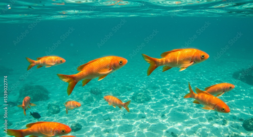 Naklejka premium Vibrant Orange Fish Schooling in Shallow Turquoise Waters