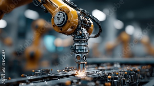 A robot is working on a piece of machinery. The robot is yellow and has a chain around its neck. Concept of industrialization and technological advancement