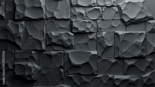 A dramatic,close-up shot of a textured black brick or stone wall,with strong,uneven lighting highlighting its rough,three-dimensional surface.The deep shadows and bright facets create a sense of depth