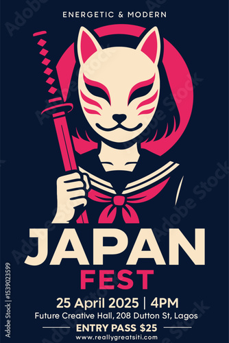 Japan fest event poster with anime girl in fox mask holding katana in flat vintage Japanese style vector illustration