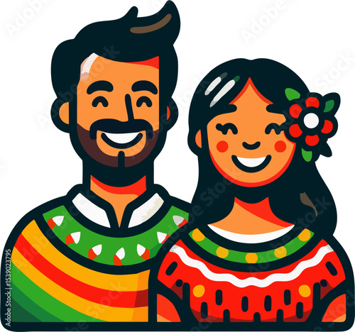 Happy Latino Couple in Traditional Mexican Folk Costume – Colorful Flat Vector Illustration