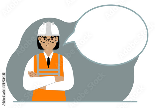 A female builder in a white helmet and vest, next to a white bubble of thoughts. Plans, thoughts, places, strategies. Vector flat illustration.