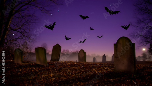A twilight scene of a graveyard with numerous bats silhouetted against a purple sky several tombstones are visible in the foreground with a misty background adding to the