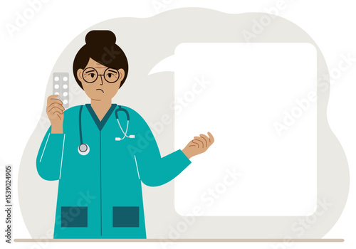 A female doctor holds pills in his hand. There is space for text next to it. Vector flat illustration.