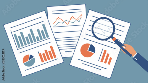 Magnifying glass focusing on newspaper headline with business and finance elements