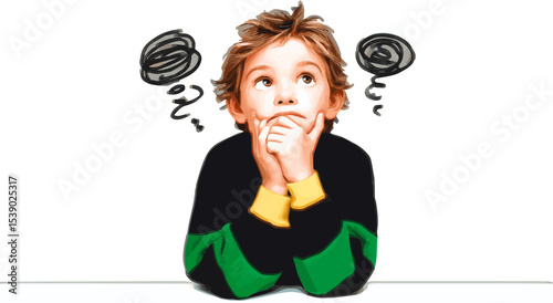Thoughtful child with hands on chin, pondering and looking up with scribbled and confused thought bubbles above his head, depicting confusion, brainstorming, or problem solving