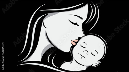 Stylized vector illustration of a mother kissing her sleeping baby on a black background, representing motherhood, love, and care