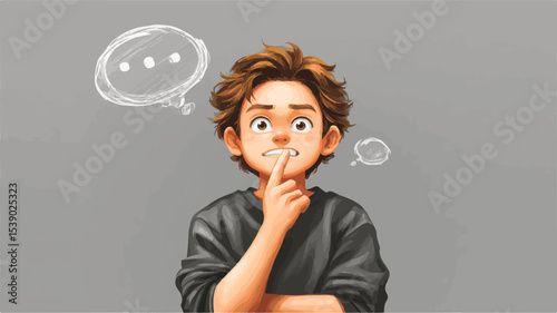 Thoughtful child wondering and thinking with thought bubbles over his head, having an idea