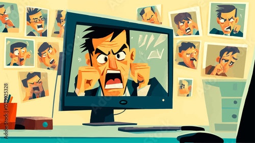 Angry businessman yelling at computer during video call, work from home problems, bad internet connection