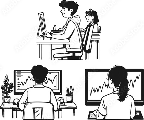 Black and white vector illustration set depicting students and stockbrokers working on computers, showcasing diverse work environments
