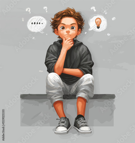Young student sitting and thinking with question marks and a light bulb over his head, having a good idea