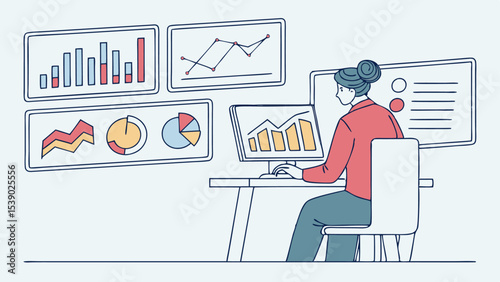 Cartoon businessman and woman workers communicate with charts and graphs on a laptop at the office desk, illustrating business presentation concepts