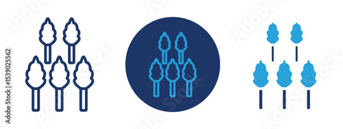 Set of pixel perfect colored forest icon with 1 unexpanded, 1 silhouette,  Tree-filled icon representing forest landscapes and preservation.
