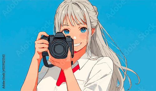 Young photographer taking pictures with professional camera and smiling