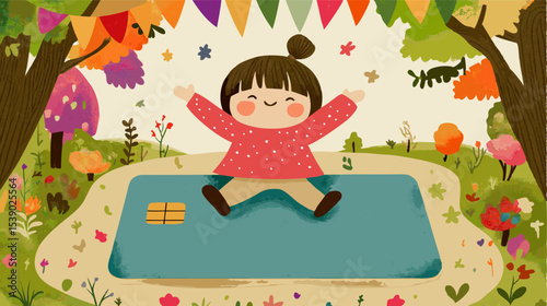 Cartoon illustration of a happy child celebrating on a giant credit card in an enchanted garden with colorful flowers and trees