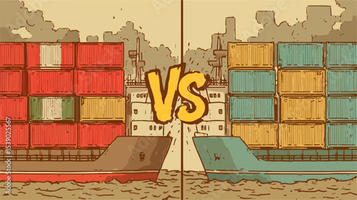Container ships carrying goods from different countries competing for dominance in international trade, facing each other in a symbolic challenge