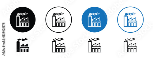 Set of pixel perfect colored Factory smoke icon with 1 unexpanded, 1 silhouette,  Factory icon emitting smoke, showing pollution impact.