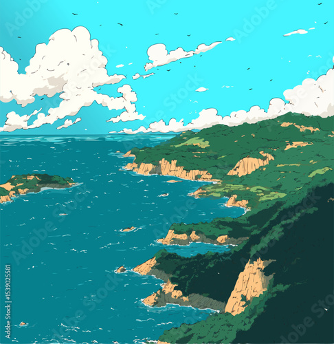 Scenic seascape showing powerful ocean waves crashing against rocky cliffs covered by green vegetation under cloudy blue sky