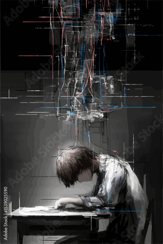 Student experiencing burnout syndrome sitting at desk with head down, digital lines coming out of his head