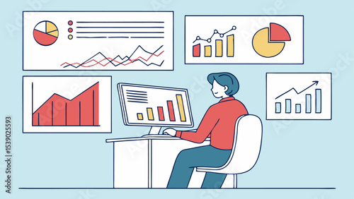 Businesspeople at office desks with laptops and computers, analyzing charts and graphs for business success