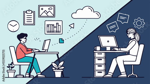Vector illustration of businesspeople working on laptops at their desks in a modern office, ideal for icons or design sets