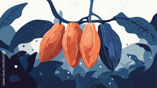 Ripe cacao pods hanging from a branch, ready for harvest, illustrate the process of chocolate production