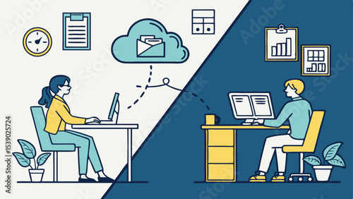 Cartoon vector illustration of business people working in an office room, with a businessman and woman at their desks with laptops