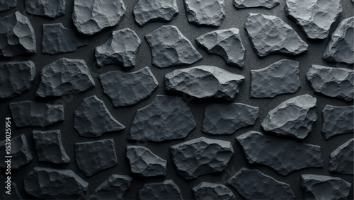 A dramatic,close-up shot of a textured black brick or stone wall,with strong,uneven lighting highlighting its rough,three-dimensional surface.The deep shadows and bright facets create a sense of depth