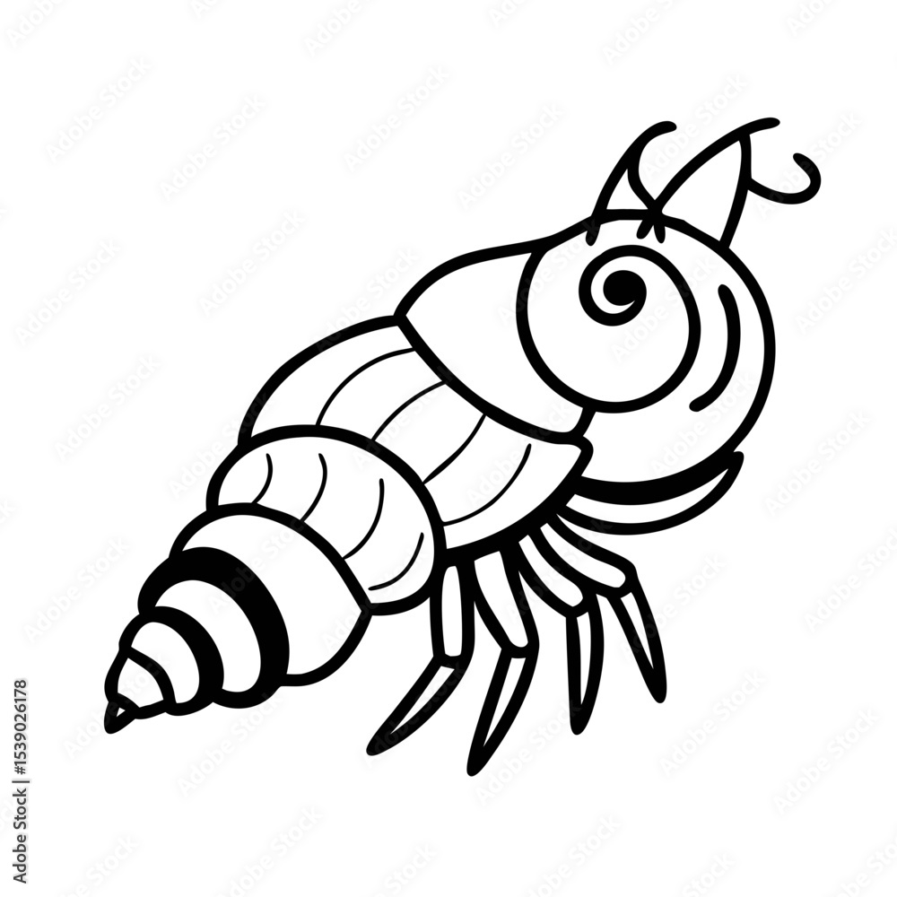 Obraz premium Hermit Crab Line Art Drawing | Spiral Shell Marine Animal Outline | Black and White Cartoon Sea Creature Clipart for Coloring Pages, Crafts, Stickers