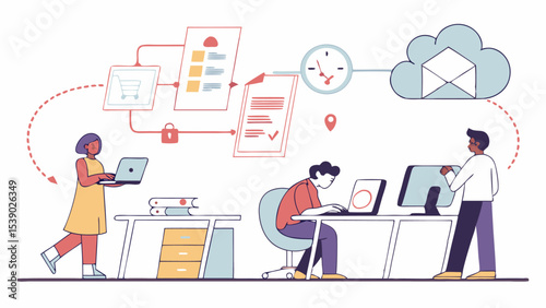 Set of business people working in office with laptops and desks in cartoon vector style
