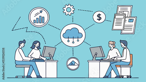 Business people icon set with team working at desks using laptops and communicating in office setting