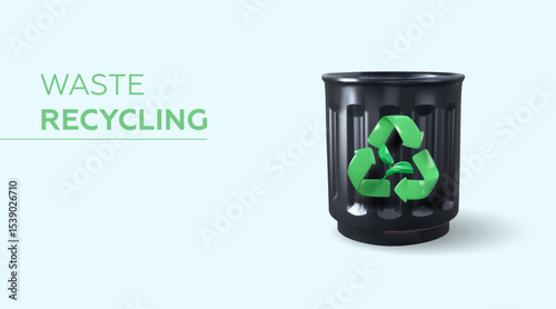 Garbage recycling concept. Eco friendly and zero waste. 3d trash can, bin with recycling sign. Vector illustration