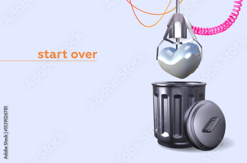 3d crane machine, slot machine holds volumetric heart to throw in trash can. Concept of letting go of love. Vector illustration